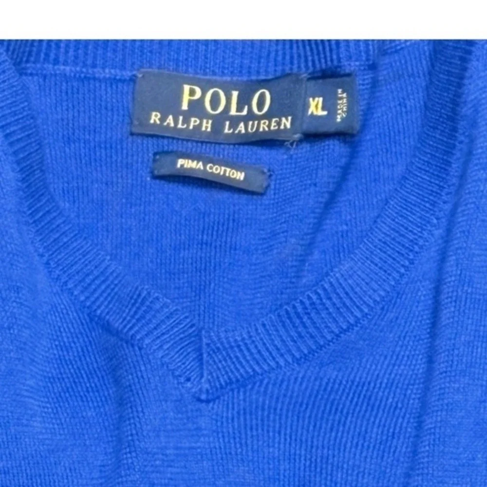 Polo‎ Ralph Lauren Cobalt Blue Sweater Mens XL Cotton Preppy Coastal Logo V-Neck
